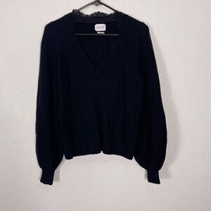 Saylor Revolve Black Lambswool & Nylon V Neck with Lace Trim Pullover Sweater